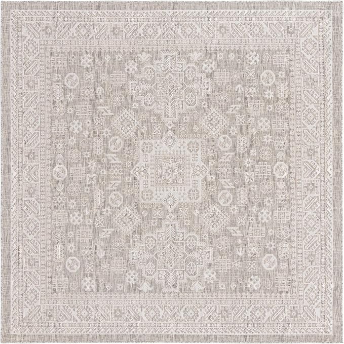 Unique Loom Outdoor Aztec Collection Area Rug - Chalca (7' 10" Square, Light Gray/ Ivory)