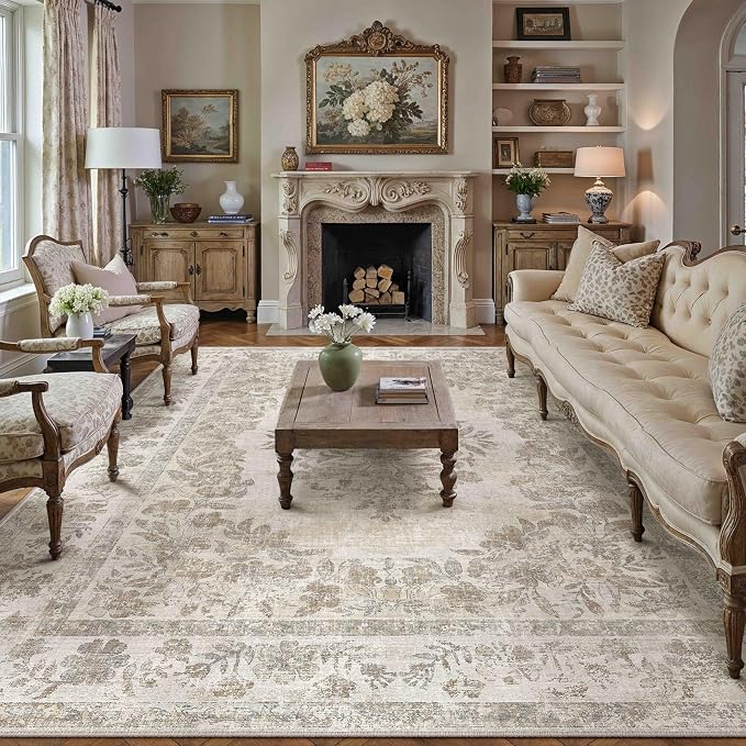 7x9 Washable Area Rug Living Room Cream Beige Vintage Large Carpet | Soft Low Pile, Non Slip, Stain Resistant, Floral Medallion, Neutral Retro Decor for Bedroom, Dining Room, Kids Room, Office