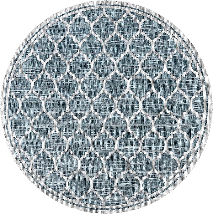 JONATHAN Y Moroccan Trellis Indoor Outdoor Round Area Rug 9 Ft Teal/Gray, Trebol Textured Weave for Backyard, Patio, Porch, Easy-Cleaning, High Traffic, Pet-Friendly, Non-Shedding (SMB109E-9R)