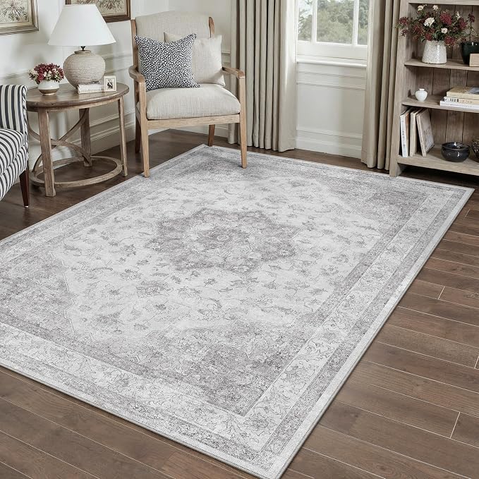 Grey 4x5 Washable Area Rug Living Room Vintage Oriental Carpet | Soft Low Pile, Non Slip, Stain Resistant, Floral Medallion, Neutral Retro Decor for Bedroom, Kids Room, Nursery, Office