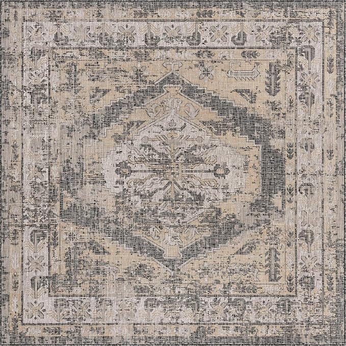 Unique Loom Outdoor Traditional Collection Area Rug - Valeria (7' 10" Square, Charcoal/ Natural)