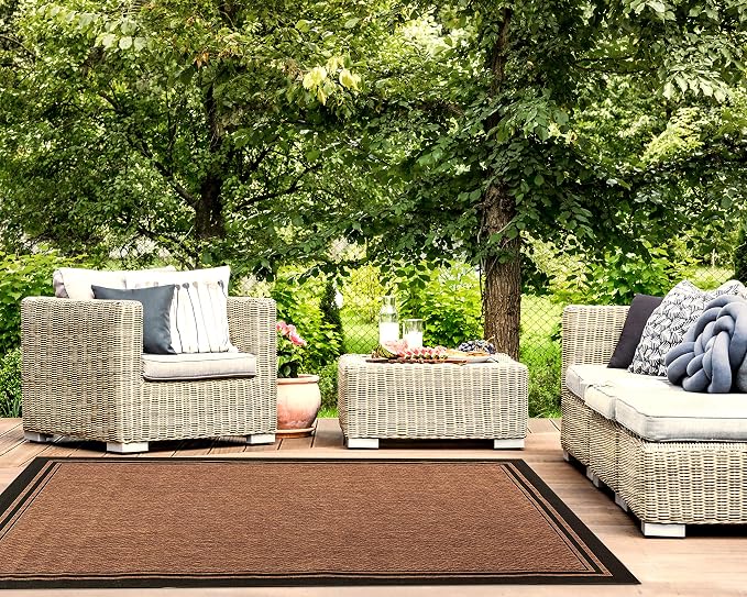 Gertmenian Indoor Outdoor Classic Flatweave Area Rug, Stain & UV Resistant Carpet, Deck, Patio, Poolside & Mudroom, 8x10 Ft Large, Border, Black Tan, 21515