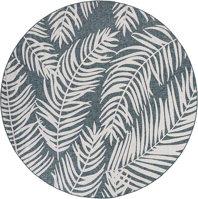 Unique Loom Outdoor Botanical Collection Area Rug - Palm (10' Round Teal/Ivory)