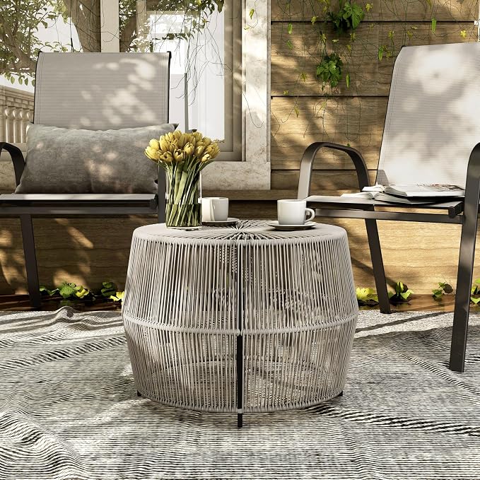 Furniture of America Ysar Boho Rattan Round Coffee Table Outdoor with Metal Frame, All-Weather and Rust Resistant, Handcrafted Coastal Furniture for Patio, Poolside, Garden, Yard, Gray
