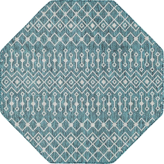 Unique Loom Outdoor Trellis Collection Area Rug - Tribal Trellis (5' 3" Octagon, Teal/ Ivory)