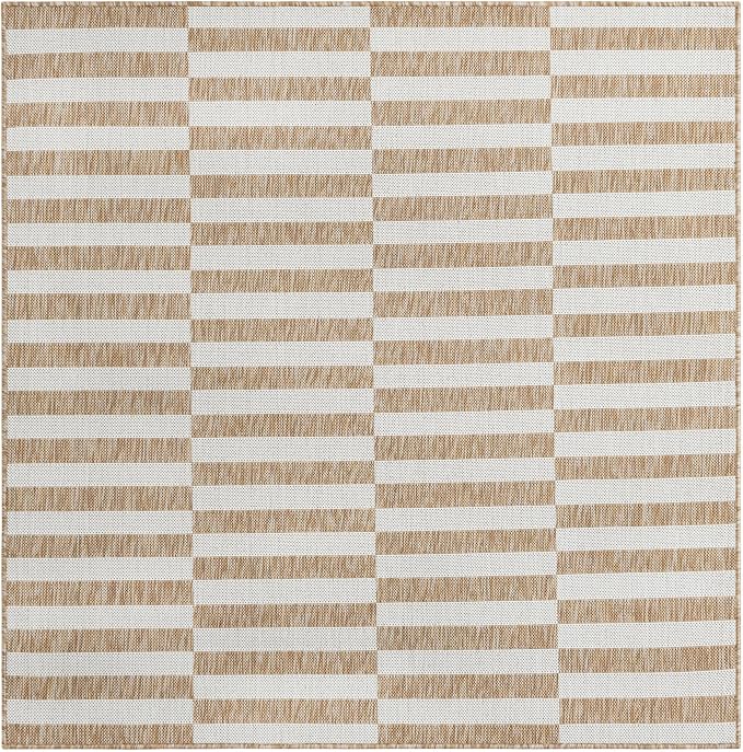Unique Loom Outdoor Striped Collection Area Rug - Striped (5' 3" Square Taupe/Ivory)