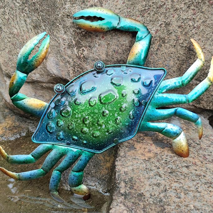 JOYBee 17.2Inch Large Metal Crab Wall Art Decor,Decoration for Outdoor Indoor,Nautical Hanging Art Blue Green Stained Glass with Metal for Garden Pool Patio Balcony Kitchen or Bathroom