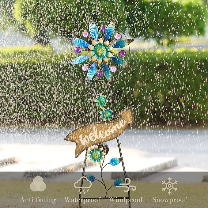 TERESA'S COLLECTIONS Garden Decor Solar Stake, Wind Spinner for Outdoor Decorations, Metal Windmill Blue Floral Yard Art Sign Decorative Garden Stake for Lawn Ornaments, Gifts for Mom, 26''