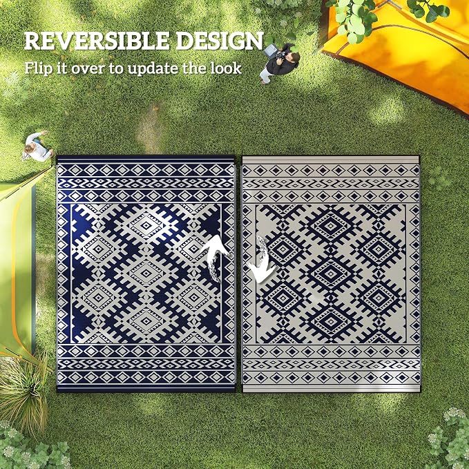 Outsunny Outdoor Rug for Patio, 9' x 12' Waterproof Large Mat, Reversible Plastic Straw Rug for Decor, Portable Outside RV Camping Area Carpet Mat for Backyard Porch Deck Picnic, Blue & White Rhombus