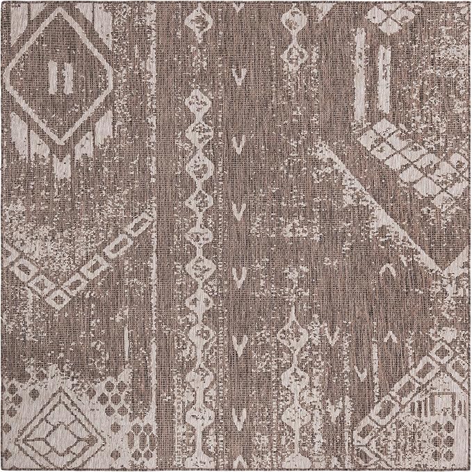 Unique Loom Outdoor Bohemian Collection Area Rug - Anthro (7' 1" Square, Brown/ Ivory)
