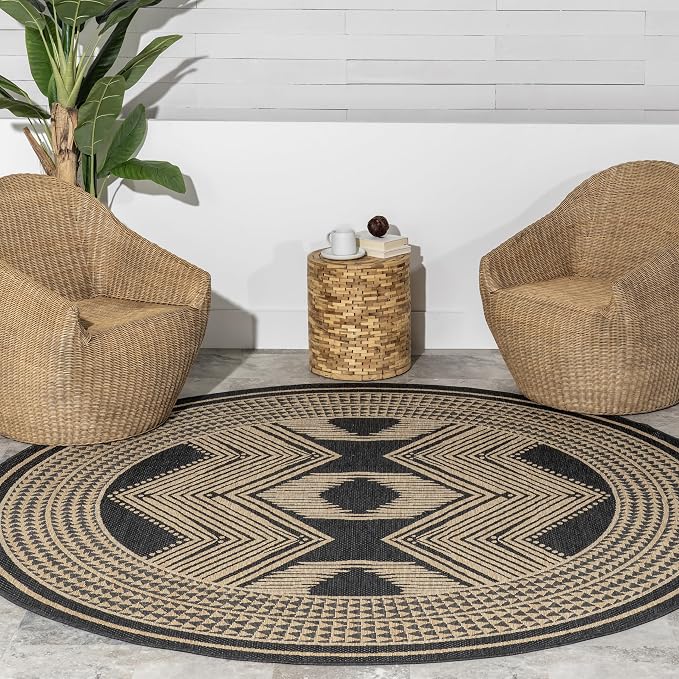 Nuloom Ranya Dark Grey/Ivory, 8' Round, Tribal Geometric, Soft and Cozy, High Traffic, Stain Resistant, Easy Clean, Durable Area Rug for Indoor/Outdoor Patio, Deck, Porch, Garden, Courtyard