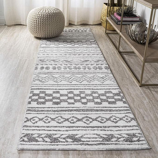 JONATHAN Y Imlil Tribal Stripe Light Gray/Cream Runner Rug, 2x10, Geometric, Bohemian, Casual, Easy-Cleaning for Living Room, Bedroom, Kitchen, Pet Friendly, Non-Shedding (MOH303A-210)