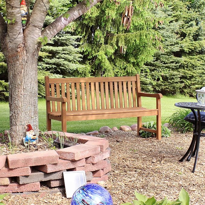 Sunnydaze 2-Person Outdoor Bench for Front Porch or Park - Wooden Teak Patio Garden Bench with Backrest - 675 lb Weight Capacity - 60"
