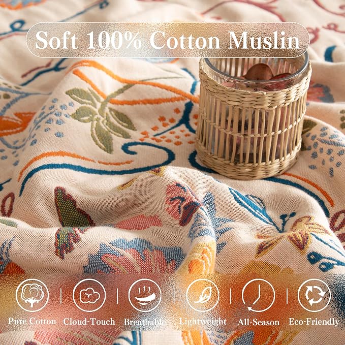 Phuryllic Boho Throw Blanket Twin Size, Soft Cozy Cotton Muslin Quilt Blanket for Bed Decor, Floral Patterned Couch Sofa Chair Cover, Vintage Farmhouse Cottage Tapestry Woven Blanket, Yellow&Blue
