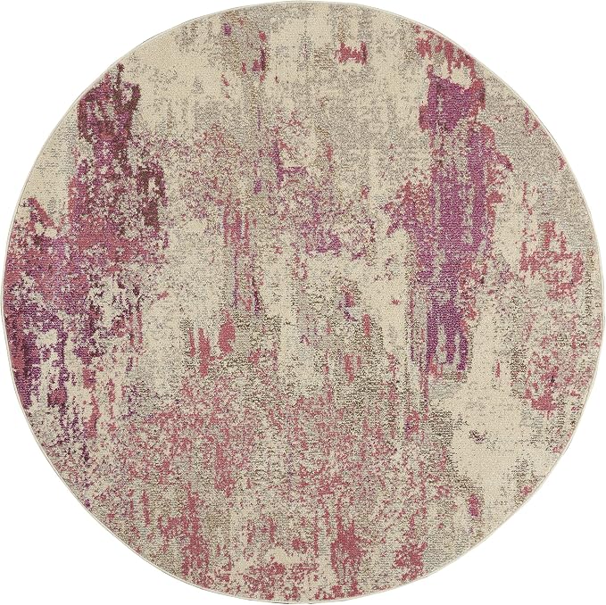 Nourison Home Celestial Modern Abstract Ivory/Pink 5'3" x Round Area -rug, Easy -cleaning, Non Shedding, Bed Room, Living Room, Dining Room, Kitchen (5 Round)