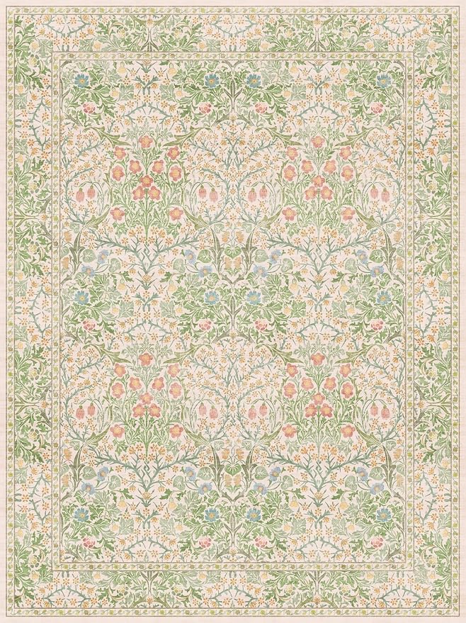 Washable Light Green Rug for Bedroom - 9x12 Large Area Rug for Dining Room Under Table, Living Room, Soft Low Pile Carpet for Playroom - Vintage Floral Non-Slip Stain Resistance (9x12 Beige Green)