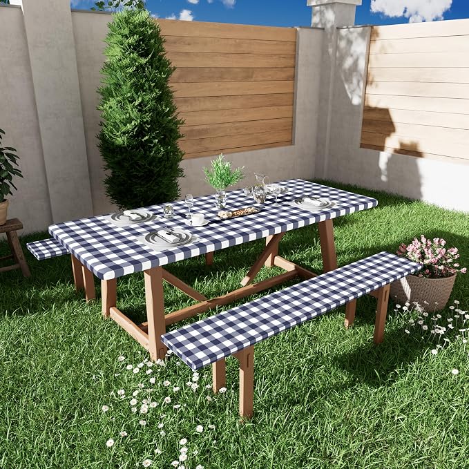 Smiry Picnic Table Cover with Bench Covers, Waterproof Elastic Fitted Tablecloths for 8 Foot Rectangle Tables, Washable Buffalo Plaid Tablecloth for Camping, Outdoor (Navy & White, 30"x96")