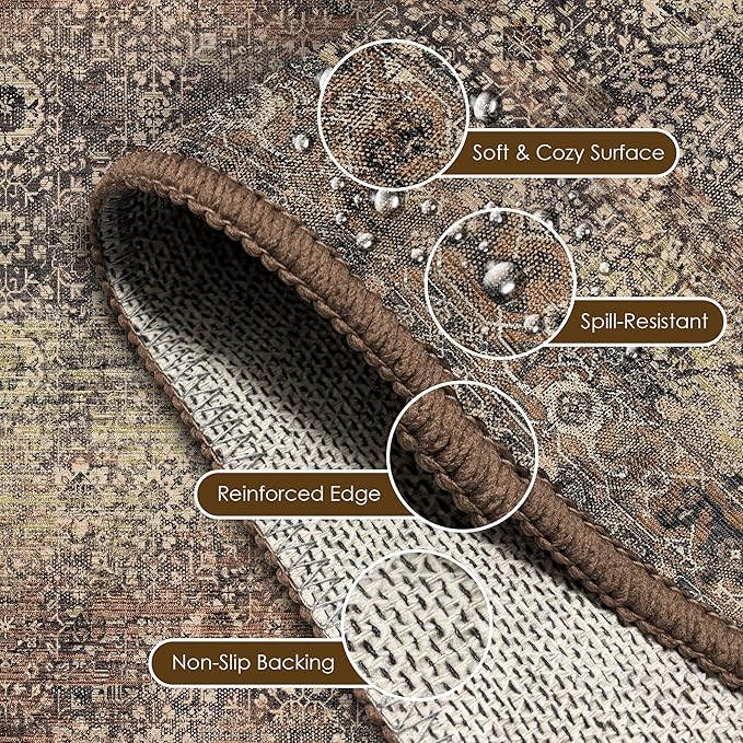 Washable Area Rug 2'6'' x 8' Vintage Traditional Persian Mat - Foldable Distressed Non-Slip Machine Washable Carpet for Living Room Bedroom Kitchen Home Decor - Umber and Slate