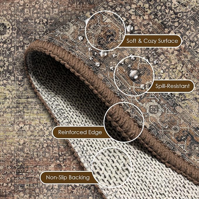 Washable Area Rug 8' x 10' Vintage Traditional Persian Mat - Foldable Distressed Non-Slip Machine Washable Carpet for Living Room Bedroom Kitchen Home Decor - Umber and Slate
