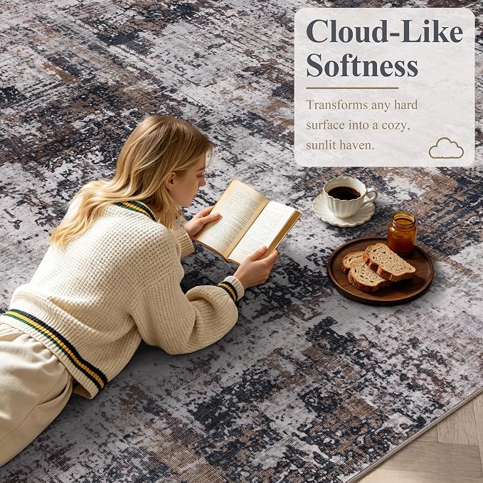 Sasttie 4x6 Washable Area Rug, Modern Abstract Carpet, Black & Brown | Ultra-Soft Faux Wool, Low Pile, Non-Slip, Lightweight, Thin, for Living Room, Bedroom, Dinning Room & Dorm