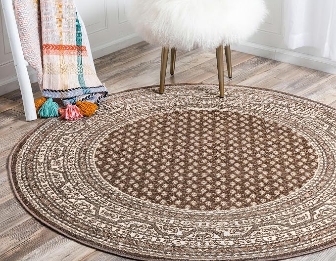 Unique Loom Williamsburg Collection Traditional Border with Dotted Center Area Rug, Round 3' 7" x 3' 7", Brown/Beige