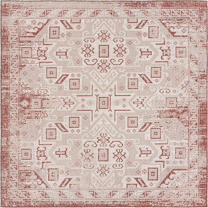 Unique Loom Outdoor Aztec Collection Area Rug - Coba (7' 10" Square, Rust Red/ Ivory)