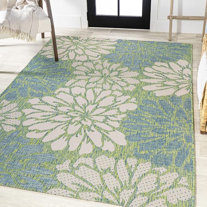 JONATHAN Y Floral Textured Weave Indoor Outdoor Area Rug 4X6 Cream/Green, Zinnia Modern for Backyard, Patio, Porch, Easy-Cleaning, High Traffic, Pet-Friendly, Non-Shedding (SMB110D-4)
