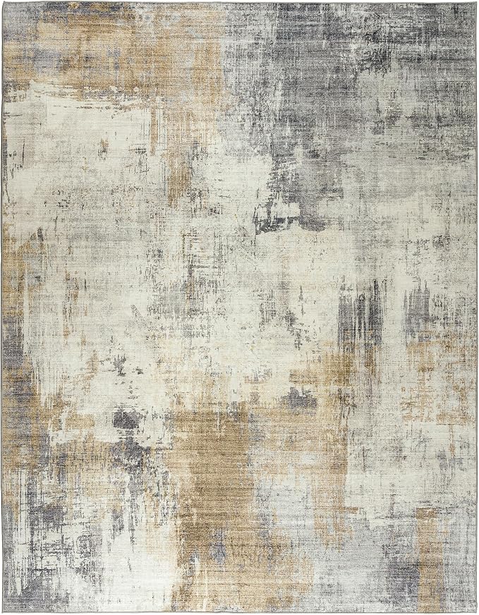Machine Washable Area Rug - Living Room Bedroom Bathroom Kitchen Entryway Office - Padded Low Pile Stain Resistant Premium - Modern Abstract Contemporary - Quinn - Beige 6' x 8'
