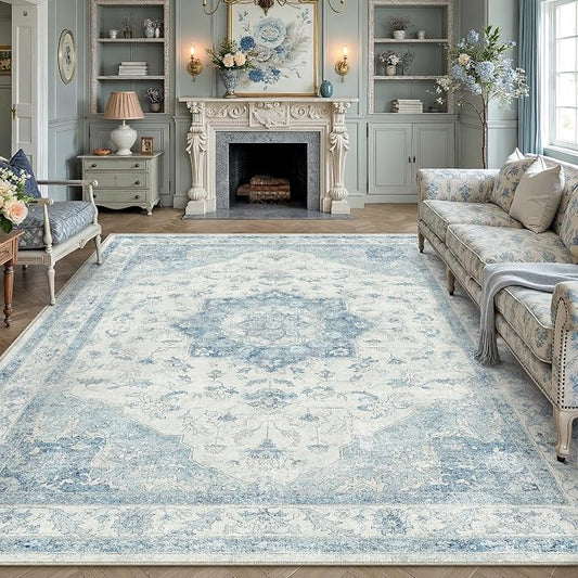 Blue 8x10 Washable Area Rug Living Room Vintage Oriental Carpet | Soft Low Pile, Non Slip, Stain Resistant, Floral Medallion, Neutral Retro Decor for Bedroom, Dining Room, Kids Room, Office
