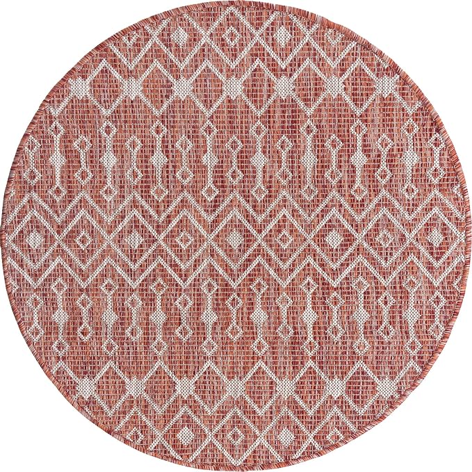 Unique Loom Outdoor Trellis Collection Area Rug - Tribal Trellis (3' 3" Round, Rust Red/ Ivory)