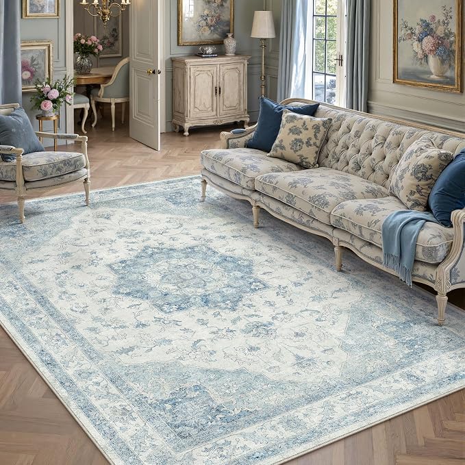 Blue 5x7 Washable Area Rug Living Room Vintage Oriental Carpet | Soft Low Pile, Non Slip, Stain Resistant, Floral Medallion, Neutral Retro Decor for Bedroom, Dining Room, Kids Room, Office