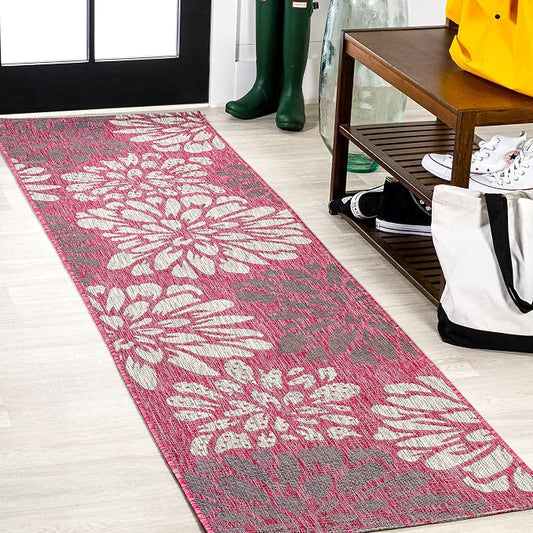 JONATHAN Y Floral Textured Weave Indoor Outdoor Runner Rug 2X8 Fuchsia/Light Gray, Zinnia Modern for Backyard, Patio, Porch, Easy-Cleaning, High Traffic, Pet-Friendly, Non-Shedding (SMB110F-28)