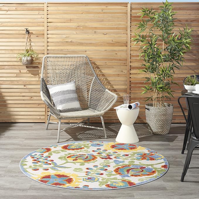 Nourison Home Aloha Ivory Multicolor 4' x Round Area Rug - Easy Clean, Non Shedding, Bed Room, Living Room, Dining Room, Kitchen (4' x Round)
