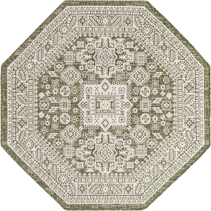 Unique Loom Outdoor Aztec Collection Area Rug - Chalca (5' 3" Octagon, Green/ Ivory)