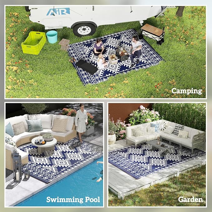 Outsunny Outdoor Rug for Patio, 9' x 12' Waterproof Large Mat, Reversible Plastic Straw Rug for Decor, Portable Outside RV Camping Area Carpet Mat for Backyard Porch Deck Picnic, Blue & White Rhombus