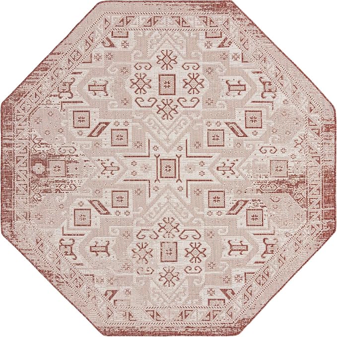 Unique Loom Outdoor Aztec Collection Area Rug - Coba (7' 10" Octagon, Rust Red/ Ivory)