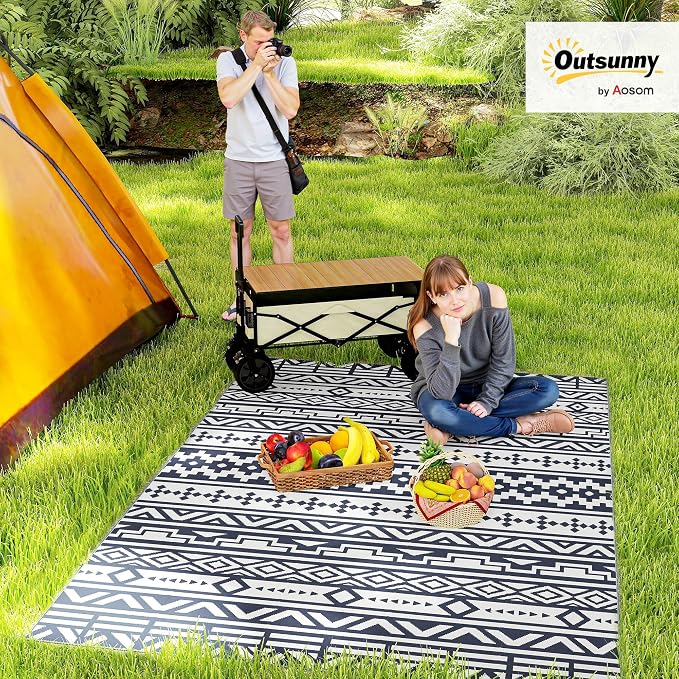 Outsunny Outdoor Rug for Patio, 6' x 9' Waterproof Large Mat, Reversible Plastic Straw Rug for Decor, Portable Outside RV Camping Area Carpet Mat for Backyard Porch Deck Picnic, Blue & White Geometric