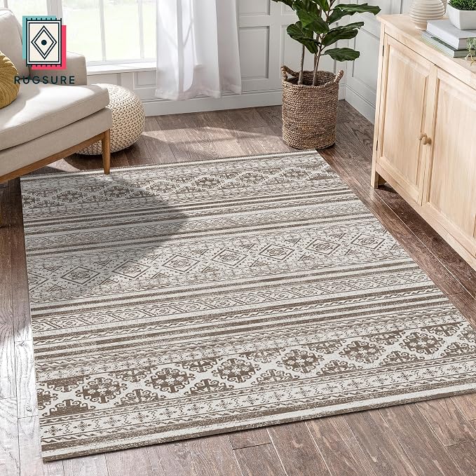 Washable Area Rugs 5' x 7' - 1/6 Thick - Moroccan-Inspired -Stain & Water Resistant Non-Slip - Resistant Rug for Living Room, Bedroom, Nursery, Pet & Child Friendly (Brown)