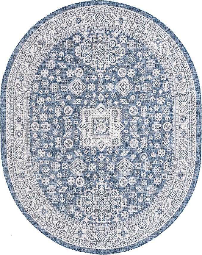 Unique Loom Outdoor Aztec Collection Area Rug - Chalca (7' 10" x 10' Oval, Blue/ Ivory)