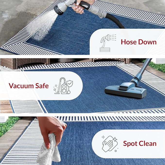 Nuloom Asha Navy/Ivory, 8' x 10', Casual, Striped Border, Soft and Cozy, High Traffic, Easy Clean, Durable Area Rug for Indoor/Outdoor Patio, Deck, Porch, Garden, Courtyard