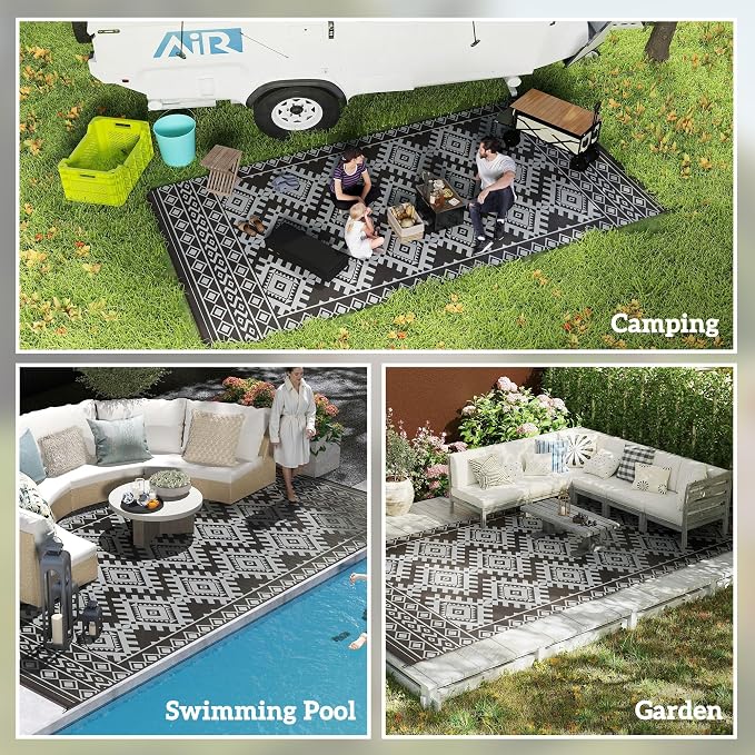 Outsunny Outdoor Rug for Patio, 9' x 18' Waterproof Large Mat, Reversible Plastic Straw Rug for Decor, Portable Outside RV Camping Area Carpet Mat for Backyard Porch Deck Picnic, Black & Gray Rhombus