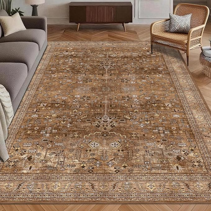 Washable Area Rug 3' x 5 ' Vintage Traditional Persian Mat - Foldable Distressed Non-Slip Machine Washable Carpet for Living Room Bedroom Kitchen Home Decor - Bronze and Ivory