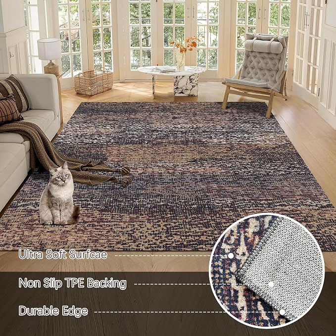 Washable Area Rug - 1/6 Thick - Stain & Water Resistant Non-Slip - Resistant Rug for Living Room, Bedroom, Nursery, Pet & Child Friendly, Vintage Charm Area Rugs (Rust, 8' x 10')