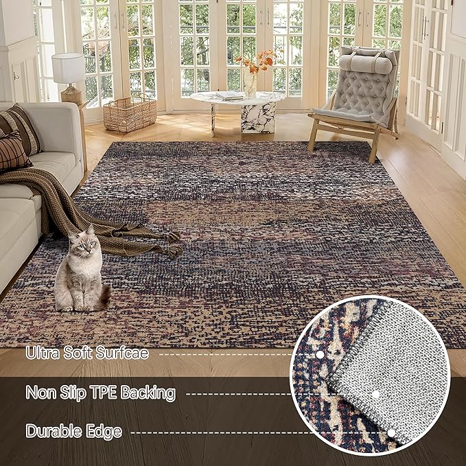 Washable Area Rug - 1/6 Thick - Stain & Water Resistant Non-Slip - Resistant Rug for Living Room, Bedroom, Nursery, Pet & Child Friendly, Vintage Charm Area Rugs (Rust, 5' x 7')