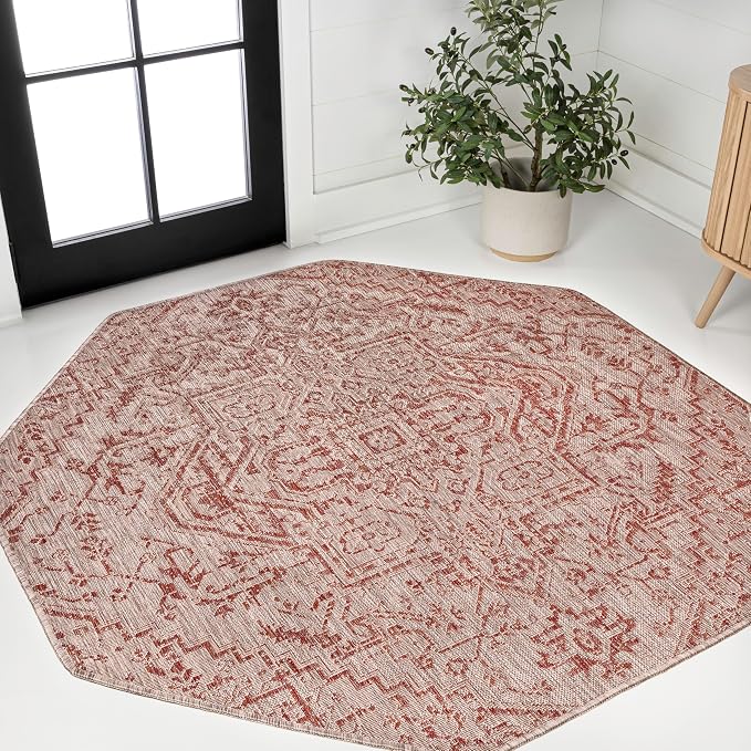 JONATHAN Y Boho Medallion Indoor Outdoor Octagon Area Rug 5 Ft Red/Taupe, Estrella Textured Weave for Backyard, Patio, Porch, Easy-Cleaning, High Traffic, Pet-Friendly, Non-Shedding (SMB105A-5TGN)