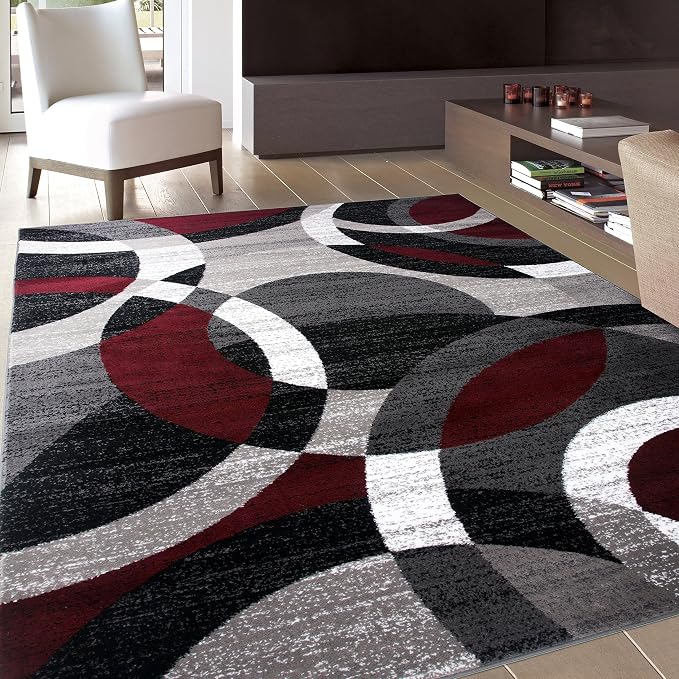Rugshop Overlapping Circle Modern Geometric Area Rug Red 5'3" x 7'3" | Indoor, Non-Shedding, Rectangular, Size 5'3" x 7'3", Living Room, Bedroom, Dining Room, Home Office, Kitchen, Entryway