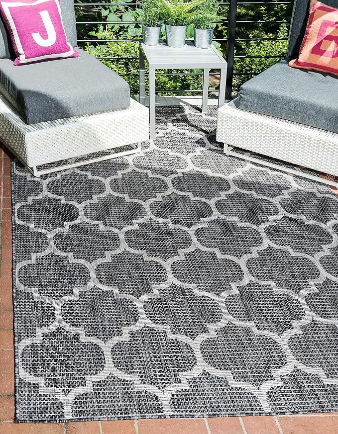 Unique Loom Outdoor Trellis Collection Area Rug (9' x 12' Rectangle, Black/ Ivory)