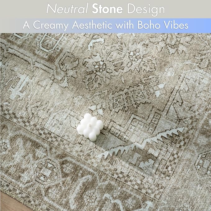Sacred Artisans Farmhouse 3x5 Area Rug for Entry, Kitchen, Mudroom and Foyer | Washable, Pet Friendly, Durable and Low Pile (Stone, 3' x 5')