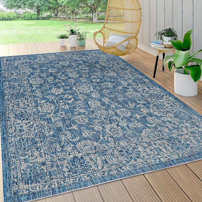 JONATHAN Y Weave Floral Indoor Outdoor Area Rug 5X8 Navy/Gray, Tela Bohemian Textured for Backyard, Patio, Porch, Easy-Cleaning, High Traffic, Pet-Friendly, Non-Shedding (SMB100B-5)