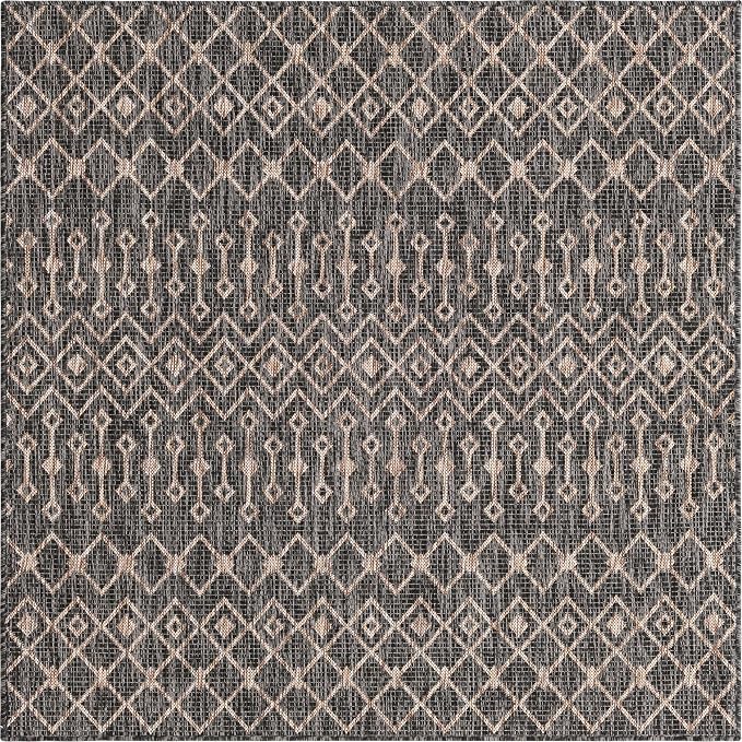Unique Loom Outdoor Trellis Collection Area Rug - Tribal Trellis (5' 3" Square, Charcoal Gray/ Natural)